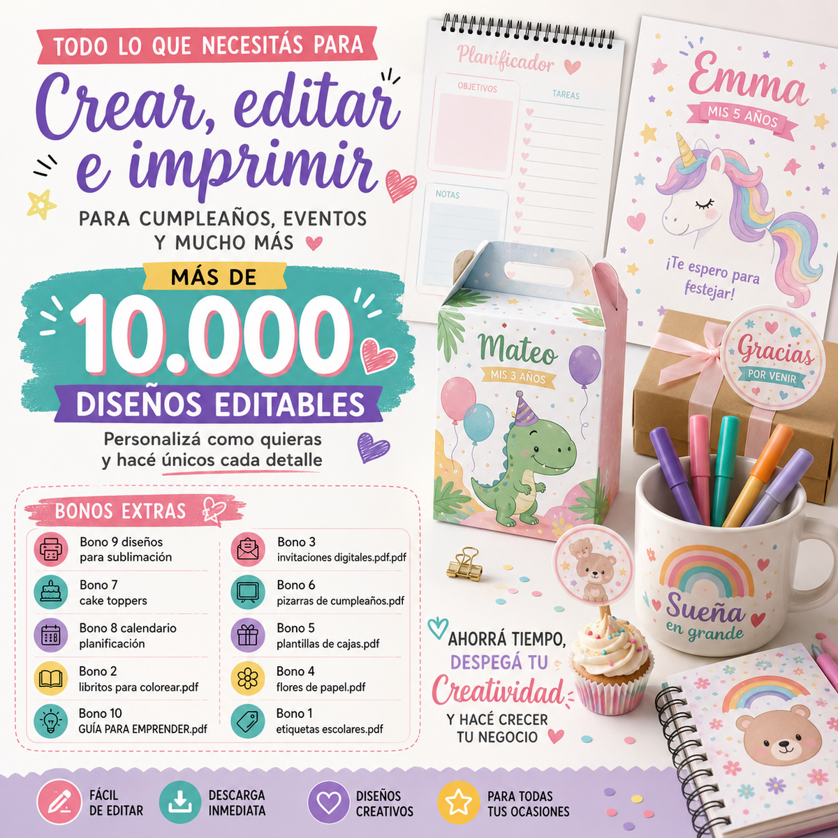 Papeleria creativa: +10.000 diseños editables + 10 bonos
